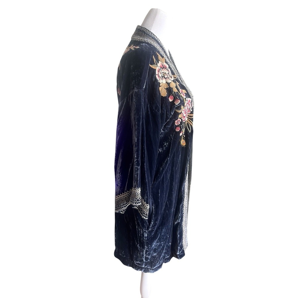 Johnny Was Quito Velvet Silk Navy Blue Kimono Duster Peacock Embroidered Sz S - Picture 12 of 16